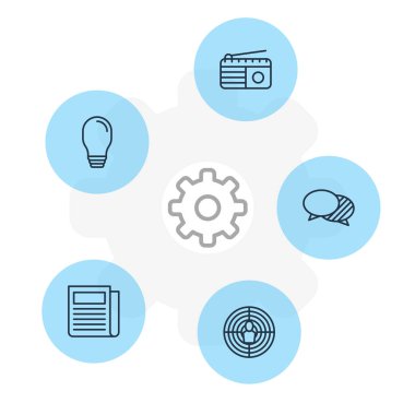 5 pazarlama simgeler vektör Illustration. Günlük basın, lamba, nişan, düzenlenebilir Pack ve diğer öğeleri.