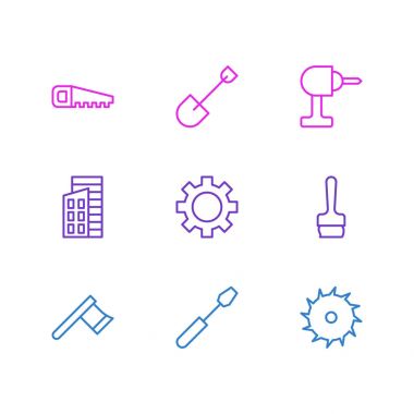 9 inşaat simgeler vektör Illustration. Dönüş vida, Daire Blade, kürek ve diğer öğeleri düzenlenebilir sürüsü.