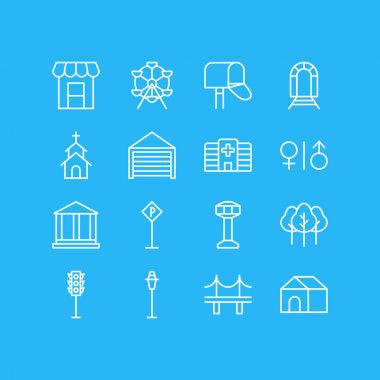 16 şehir simgeler vektör Illustration. Düzenlenebilir paket ev, Adliye, tente ve diğer öğeleri.