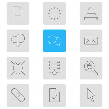 12 ağ simgeler vektör Illustration. Bilgisayar virüsü, Hdd Sync, konuşan ve diğer öğeleri düzenlenebilir sürüsü.