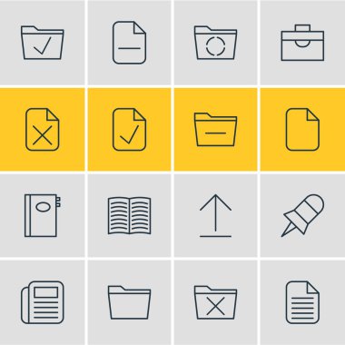 16 Bürosu simgeler vektör Illustration. Kitap, ders kitabı, yükleme ve diğer öğeleri düzenlenebilir paketi.