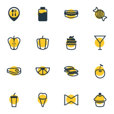 16 gıda simgeler vektör Illustration. Sığır filetosu, dondurma, bisküvi ve diğer öğeleri düzenlenebilir paketi.