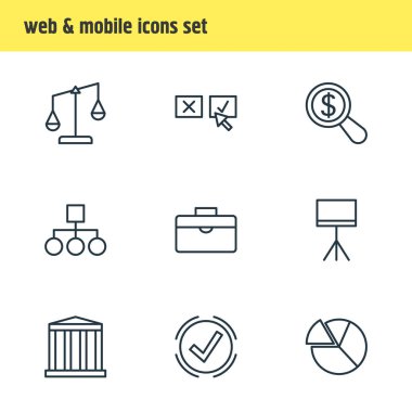 9 iş ikonları/simgeleri vektör Illustration. Recision, denge, düzeni ve diğer öğeleri düzenlenebilir paketi.