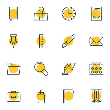 16 araçlar simgeler vektör Illustration. Ciltçi klibini, metre, ışığı ve diğer öğeleri düzenlenebilir paketi.