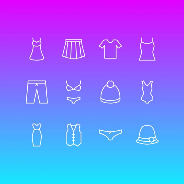 Векторная иллюстрация 12 икон одежды. Набор для стола из трусов, сарафанов, купальников и других элементов . — стоковый вектор