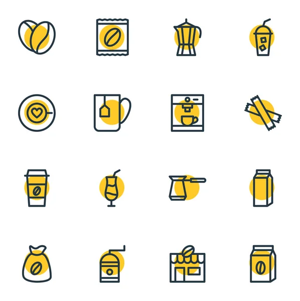 Ilustración vectorial de 16 iconos del café. Paquete editable de café expreso, cafetera, café para llevar y otros elementos . — Archivo Imágenes Vectoriales