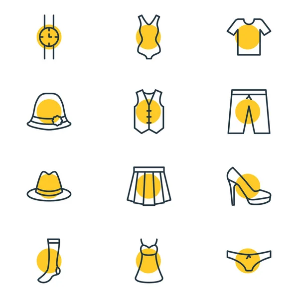 Illustration vectorielle de 12 icônes de vêtements. Pack modifiable de vêtements, horloge à main, éléments de culotte . — Image vectorielle