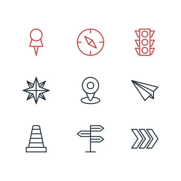 Vektorillustration von 9 Navigationssymbolen. Editierbares Paket aus Marker, Ampel, Pfeil und anderen Elementen. — Stockvektor