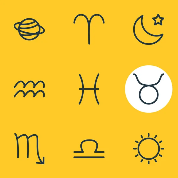 Illustrazione vettoriale di 9 icone di costellazione. Pacchetto modificabile di sole, ariete, pesci e altri elementi . — Vettoriale Stock