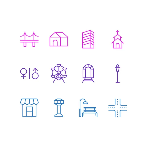 Vektoros illusztráció 12 ikonok. Szerkeszthető Pack épület, Golden Gate, felhőkarcoló, és egyéb elemek. — Stock Vector