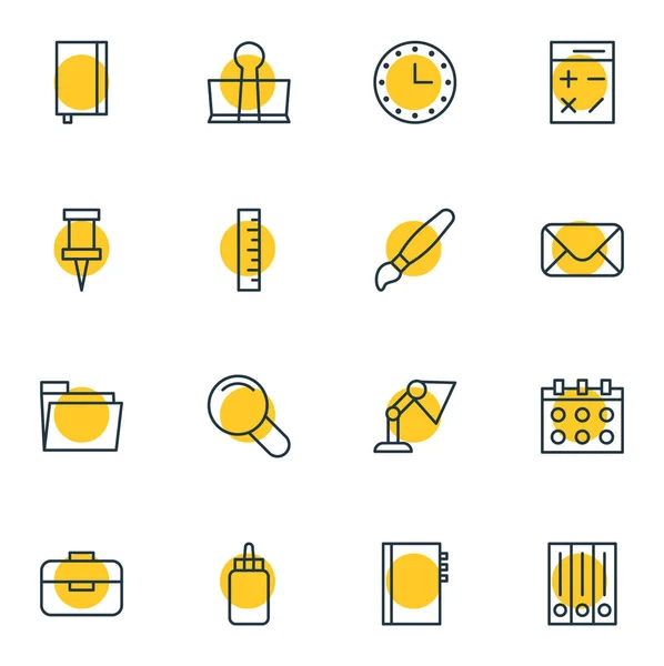 Illustrazione vettoriale di 16 icone degli strumenti. Pacchetto modificabile di clip legante, metro, illuminatore e altri elementi . — Vettoriale Stock
