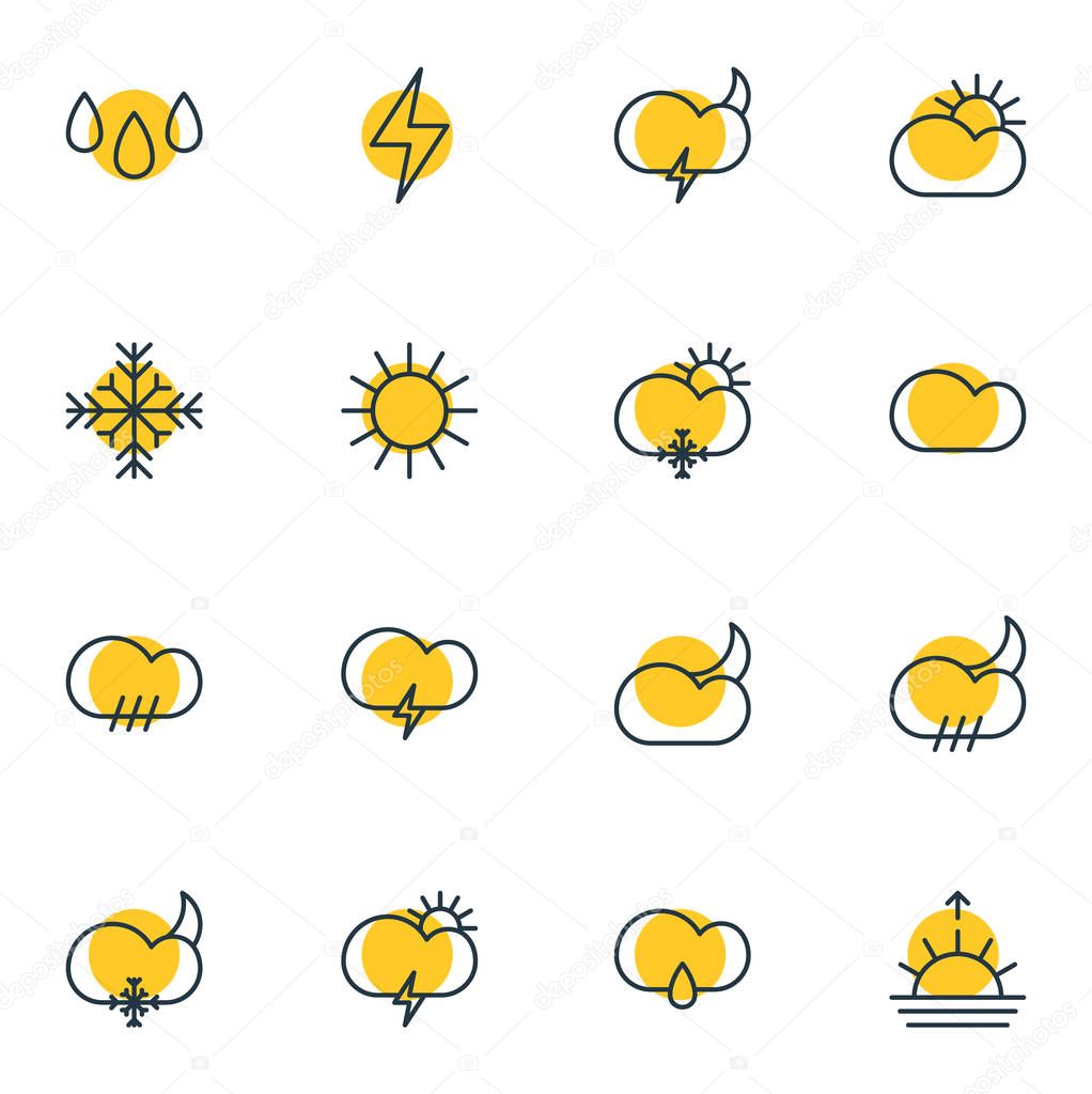 Vector Illustration Of 16 Weather Icons. Editable Pack Of Snowflake, Sunset, Drizzles And Other Elements.