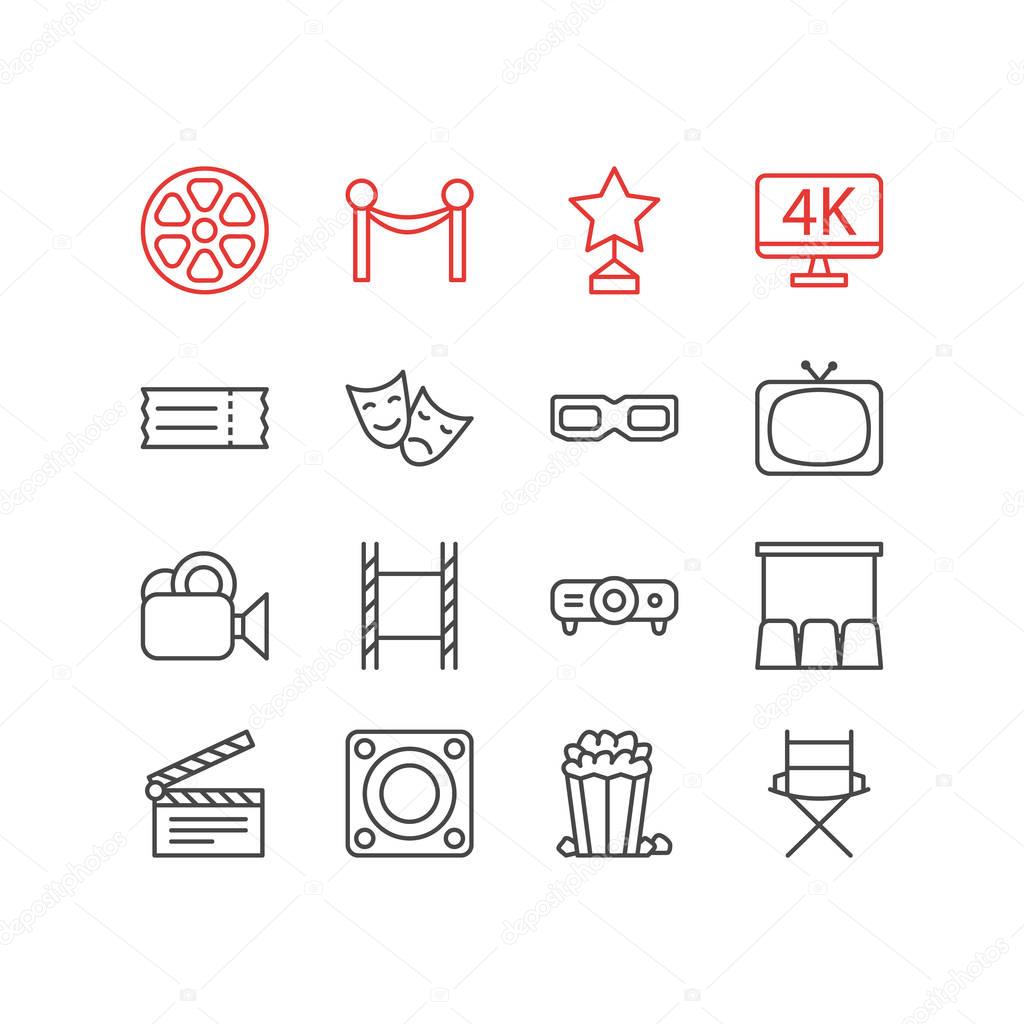 Vector Illustration Of 16 Movie Icons. Editable Pack Of Slideshow, Coupon, Loudspeaker And Other Elements.