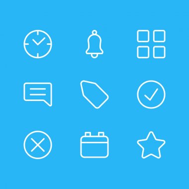 9 App anahat simgeler vektör Illustration. Not, etiket, küp ve diğer öğeleri düzenlenebilir paketi.