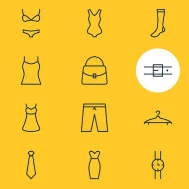 12 giyim anahat simgeler vektör Illustration. Vestiyer, kayış, mayo ve diğer öğeleri düzenlenebilir paketi.