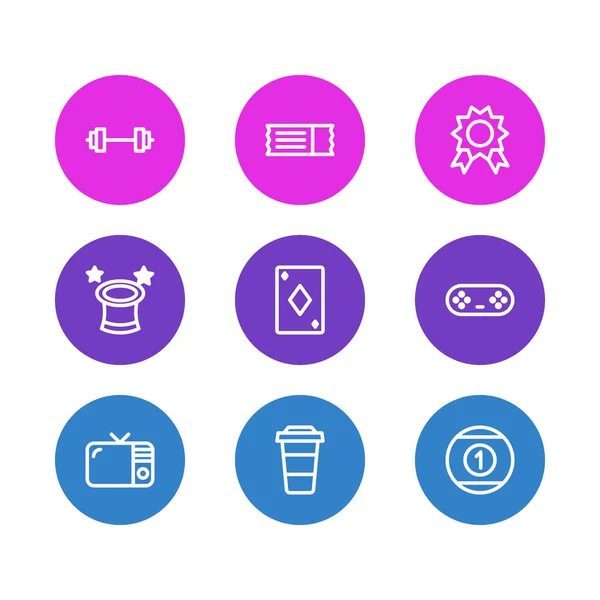 Illustration vectorielle de 9 icônes de contour de loisirs. Pack modifiable de Premium, Joystick, tasse en plastique et autres éléments . — Image vectorielle