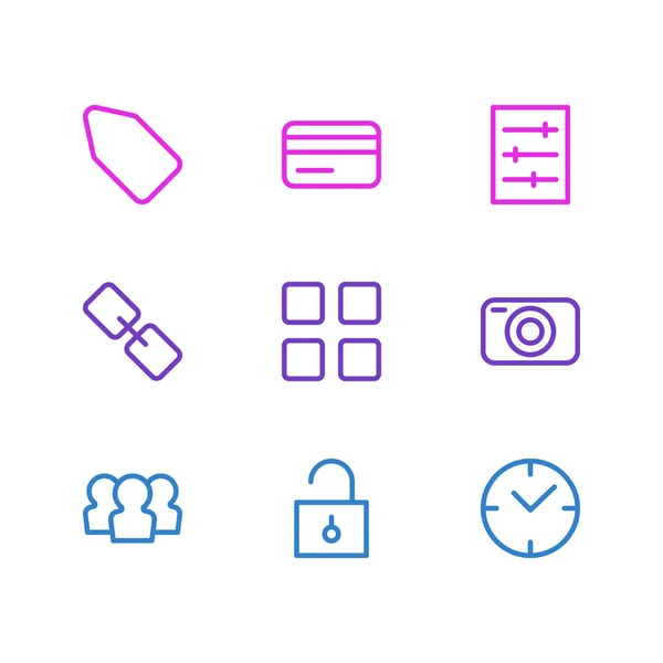 Ilustración vectorial de 9 iconos del esquema del anexo. Paquete editable de etiqueta, aparato fotográfico, pago y otros elementos . — Vector de stock