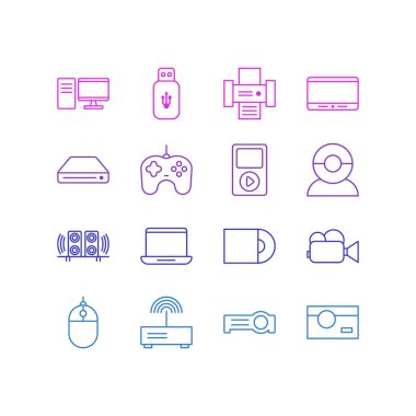 16 donanım anahat simgeler vektör Illustration. Düzenlenebilir küme bellek depolama, imleç denetleyicisi, fotoğraf ve diğer öğeleri.