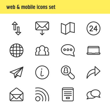 16 vektör çizim anahat simgeleri bağlayın. Yazışma, dünya, mektup ve diğer öğeleri düzenlenebilir kümesi.