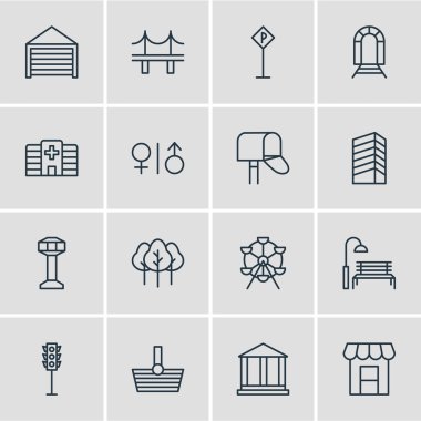 16 kentsel anahat simgeler vektör Illustration. Golden Gate, orman, sepet ve diğer öğeleri düzenlenebilir kümesi.