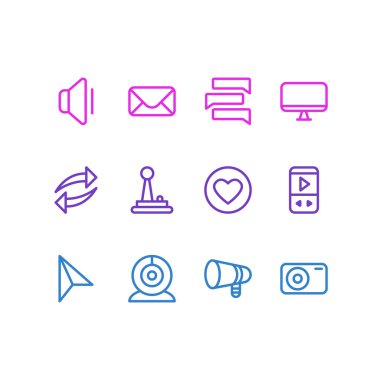 12 müzik anahat simgeleri vektör Illustration. Oyun kumandası, sevgilisi, Mp3 ve diğer öğeleri düzenlenebilir kümesi.