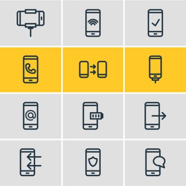 12 telefon anahat simgeleri vektör Illustration. Download, düzenlenebilir kümesini onaylamak, güvenlik ve diğer öğeleri.