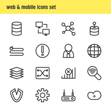16 Web anahat simgeler vektör Illustration. Arama, Modem, sistemi ve diğer öğeleri düzenlenebilir kümesi.