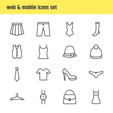 16 giyim anahat simgeler vektör Illustration. Düzenlenebilir giyim, kravat, Sandal öğeleri kümesi.