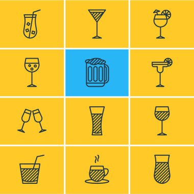 12 içecekler anahat simgeler vektör Illustration. Suyu, Margarita, içecek ve diğer öğeleri düzenlenebilir kümesi.