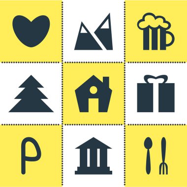 9 harita simgeler vektör Illustration. Düzenlenebilir bira kupa, orman, peyzaj öğeleri kümesi.