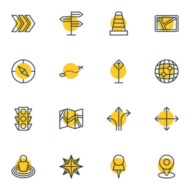 16 konumu anahat simgeler vektör Illustration. Yer, navigasyon, tabelasını ve diğer öğeleri düzenlenebilir kümesi.