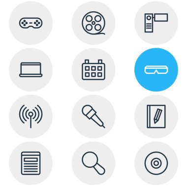 12 müzik anahat simgeleri vektör Illustration. Joystick, kitap, Tarih ve diğer öğeleri düzenlenebilir kümesi.