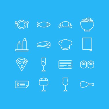 16 Cafe anahat simgeler vektör Illustration. Kartı, Japon rulo, tatlı ve diğer öğeleri düzenlenebilir kümesi.