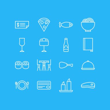 16 yeme anahat simgeler vektör Illustration. Pastırma, sucuk, tablo ve diğer öğeleri düzenlenebilir kümesi.