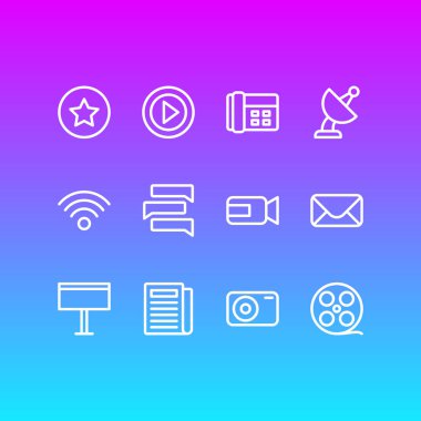 12 medya anahat simgeler vektör Illustration. Günlük basın, Film, Sputnik ve diğer öğeleri düzenlenebilir kümesi.