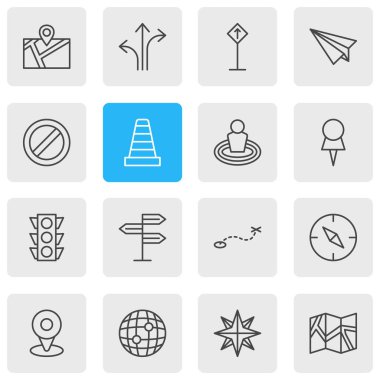 16 yön anahat simgeler vektör Illustration. Origami, PIN, dikkat ve diğer öğeleri düzenlenebilir kümesi.