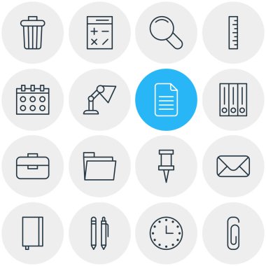 16 ileti örneği anahat simgeler vektör Illustration. Portföy, raptiye, tarihi ve diğer öğeleri düzenlenebilir kümesi.