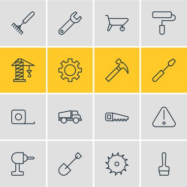 16 sanayi anahat simgeler vektör Illustration. Spanner, Spade, kaldırma düzenlenebilir kümesi ve diğer öğeleri.