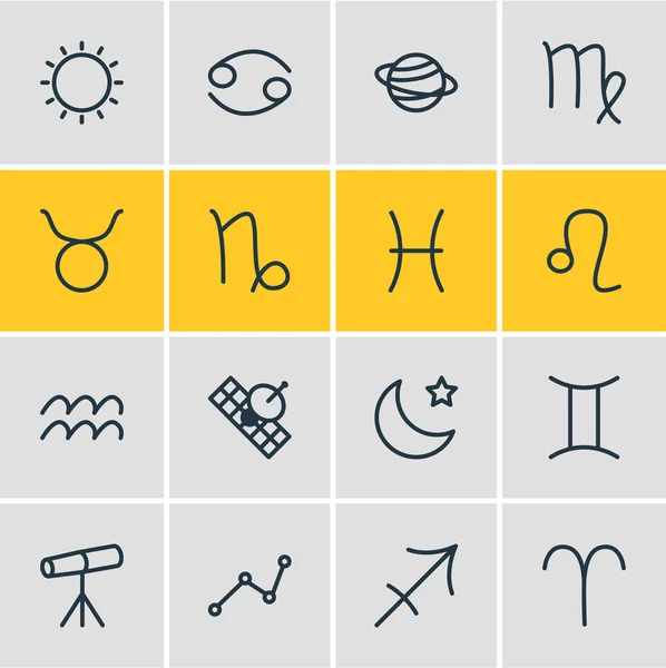 Ilustración vectorial de 16 iconos del esquema de astrología. Conjunto editable de toros, satélites, geométricos y otros elementos . — Vector de stock