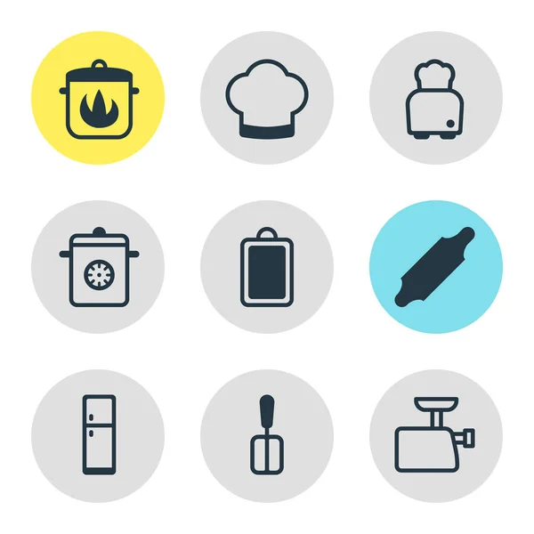 Ilustração vetorial de 9 ícones de utensílios de cozinha. Conjunto editável de pão, rolo de padaria, panela e outros elementos . —  Vetores de Stock