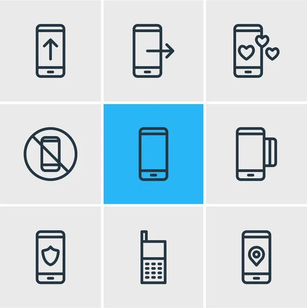 Vektorillustration von 9 Smartphone-Umrisssymbolen. editierbares Set ohne Telefon, Handy, Pfeil nach oben und andere Elemente. — Stockvektor