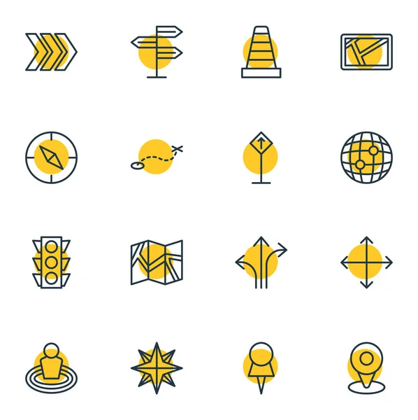 Ilustración vectorial de 16 iconos de contorno de ubicación. Conjunto editable de lugar, navegación, señalización y otros elementos . — Archivo Imágenes Vectoriales