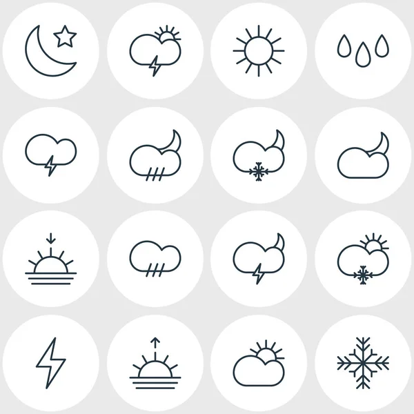 Vector Illustration Of 16 Weather Outline Icons. Editable Set Of Snowflake, Drip, Crescent And Other Elements. — Stock Vector
