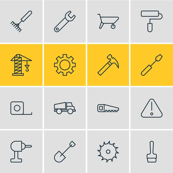 Vektorové ilustrace 16 průmyslu osnovy ikon. Upravitelné Sada klíč, rýč, zvedání a dalších prvků. — Stockový vektor