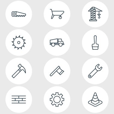 12 inşaat anahat simgeleri vektör Illustration. Düzenlenebilir bariyer, bulutsuz, anahtar öğeleri kümesi.