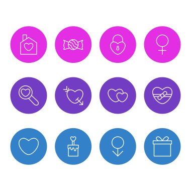 12 aşk anahat simgeleri vektör Illustration. Kadın, ruh, ok ve diğer öğeleri düzenlenebilir kümesi.