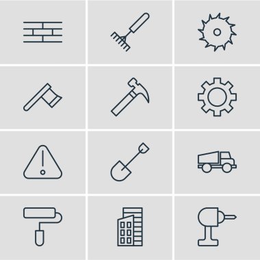 12 sanayi anahat simgeleri vektör Illustration. Daire, bariyer, yol işaret ve diğer öğeleri düzenlenebilir kümesi.