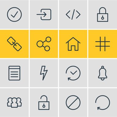 16 ek anahat simgeler vektör Illustration. Komut dosyası, geçmiş, yeniden yükle ve diğer öğeleri düzenlenebilir kümesi.