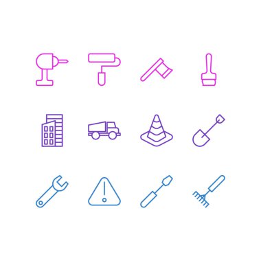 12 yapısı anahat simgeleri vektör Illustration. Balta, silindir, yol işaret ve diğer öğeleri düzenlenebilir kümesi.