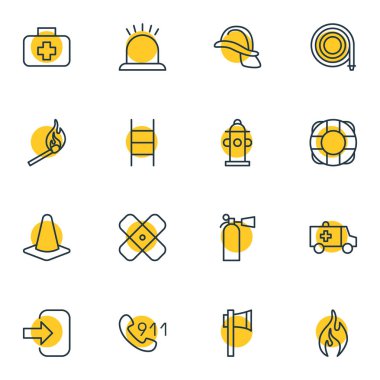 16 ilave anahat simgeler vektör Illustration. Su, kask, yanık ve diğer öğeleri düzenlenebilir kümesi.